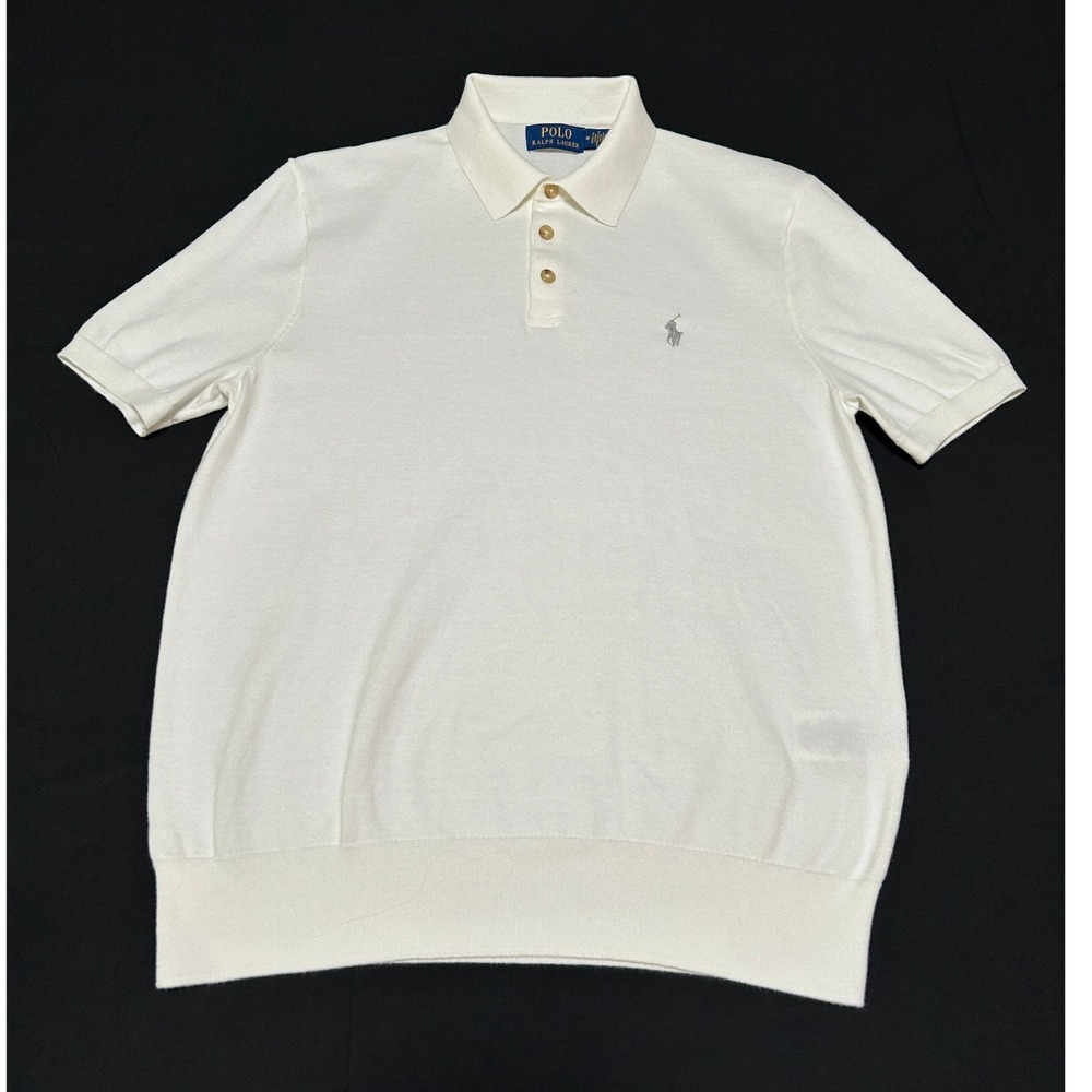Polo Ralph Lauren Mens Knit Polo Shirt Cream White Short Sleeve Cotton Size M